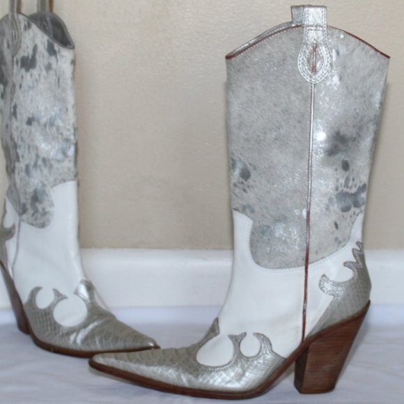 Para Raio White Silver Leather Pointed Toe Brazilian Cowgirl Boots Women's 10M - Picture 2 of 16